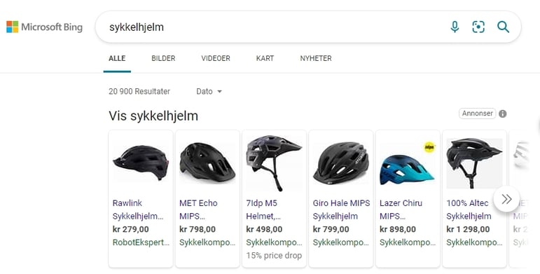 Skjermdump av Microsoft Ads -Bing-søketerm Sykkelhjelm-Shopping ad