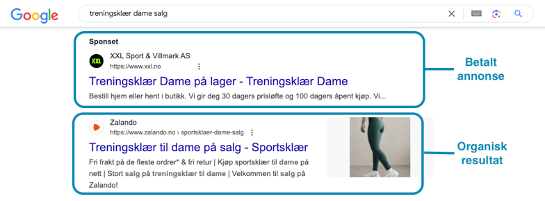 visning av søkeresultater på Google. Forskjell mellom betalt og organisk